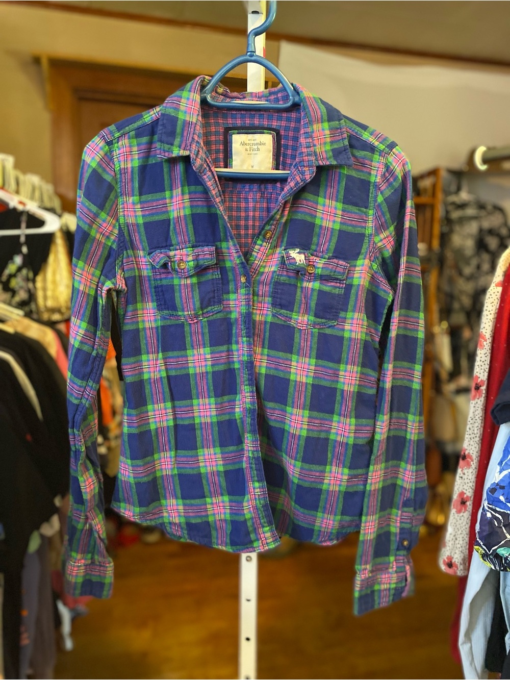 Abercrombie & Fitch Plaid Button-Down Shirt in Blue, Green & Pink